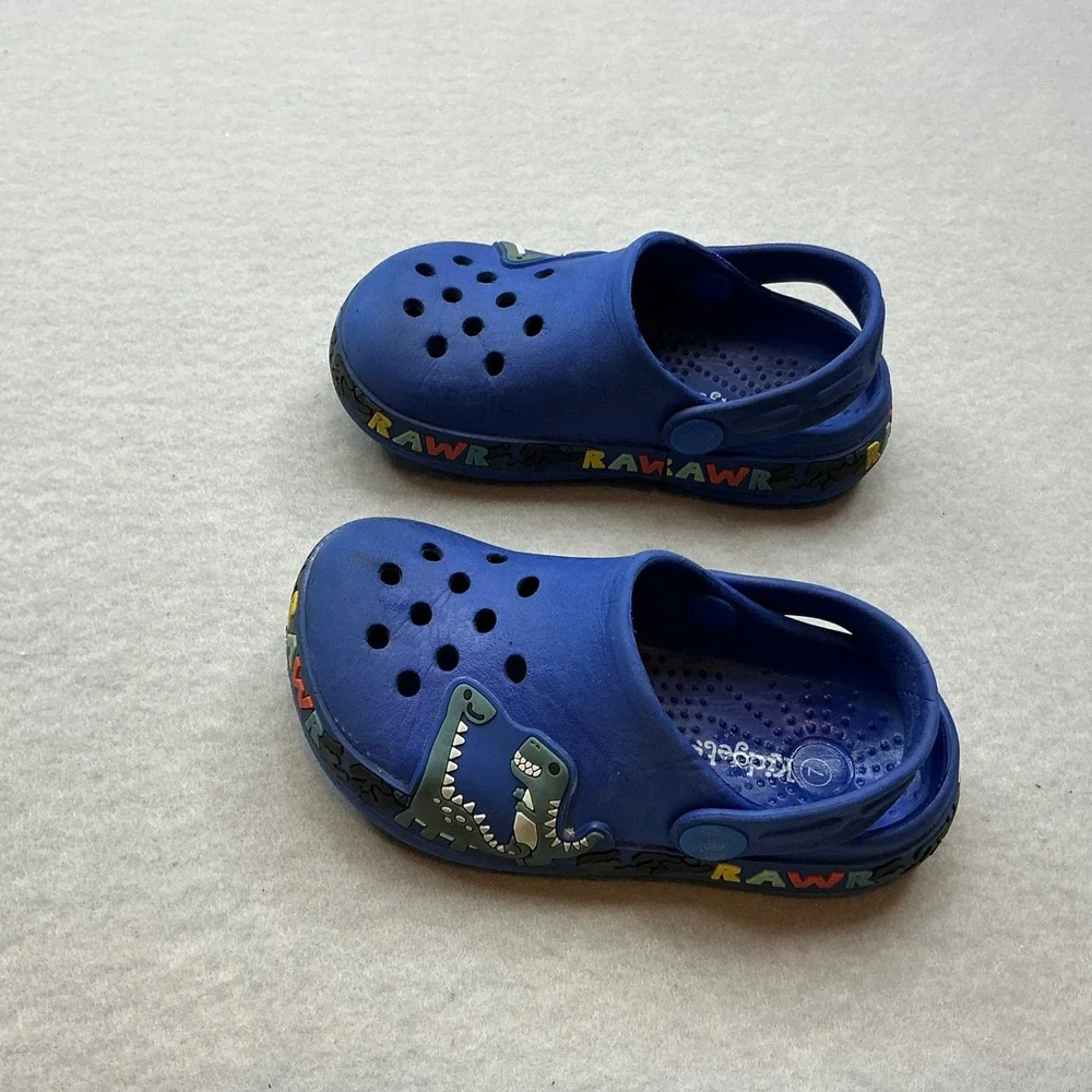 Kidgets Kids Dinosaur Clogs Blue RAWR‎ Graphic Size 7 Slip On Water Shoes